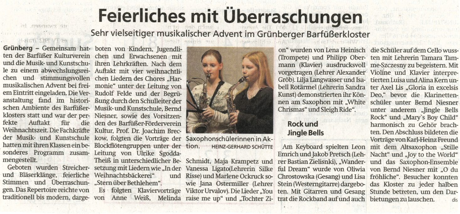 Artikel zum Weihnachtsmarkt mit Konzert der Musikschule im Barfüßerkloster