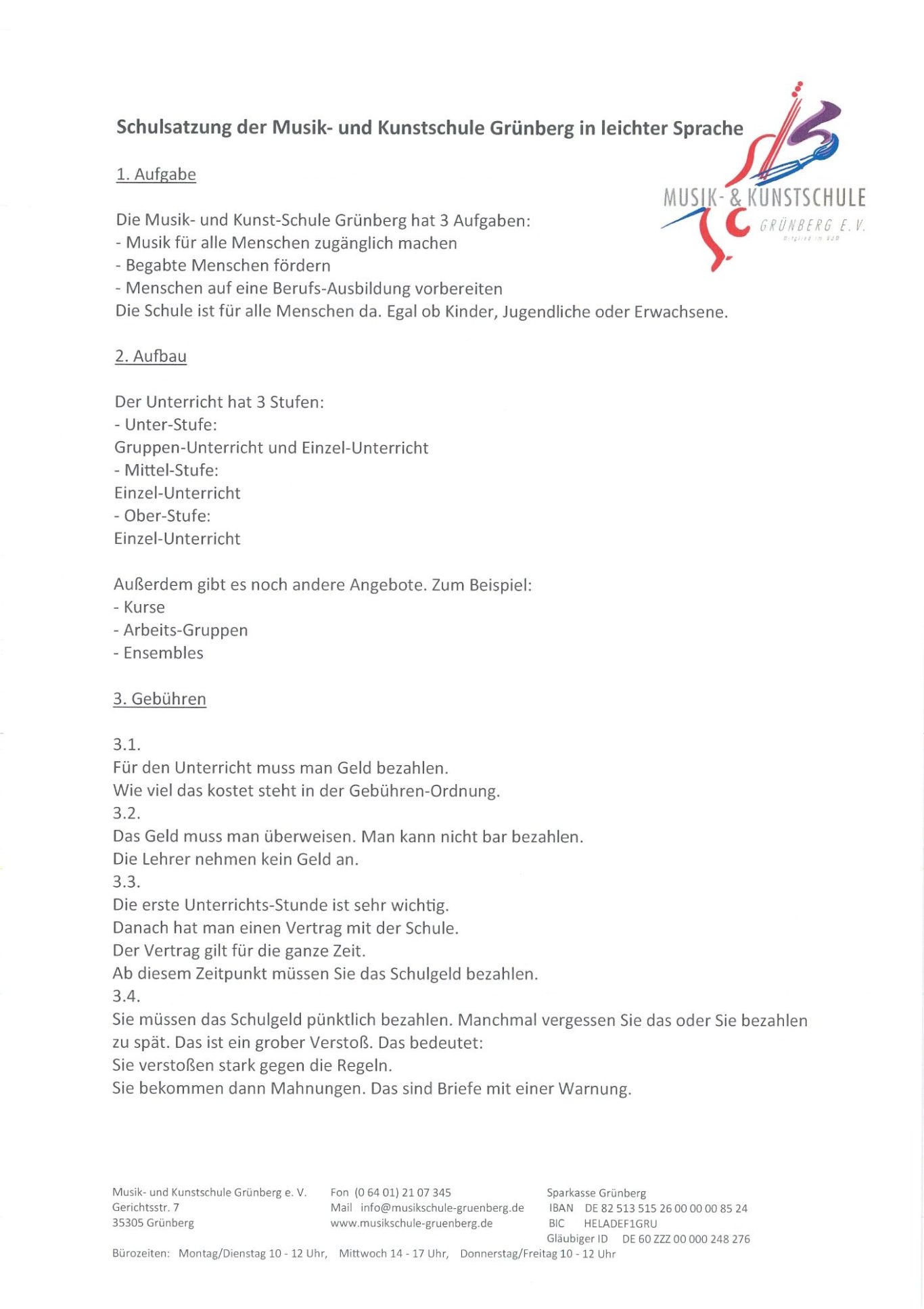 Schulsatzung der Musikschule